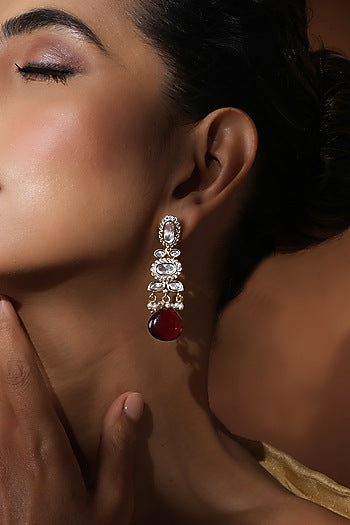 Rose Gold Finish Red Kundan Polki Handcrafted Dangler Earrings