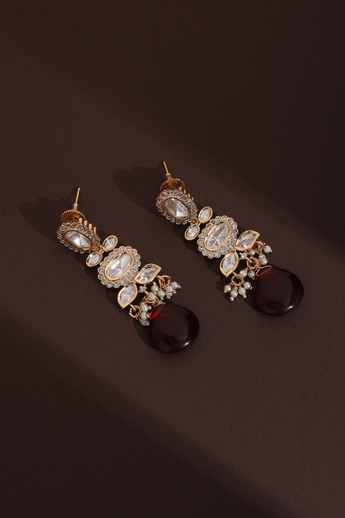 Rose Gold Finish Red Kundan Polki Handcrafted Dangler Earrings