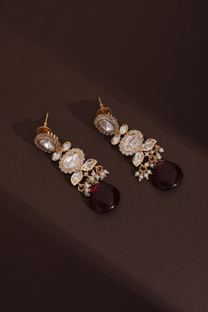 Rose Gold Finish Red Kundan Polki Handcrafted Dangler Earrings
