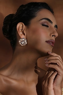 Rose Gold Finish Blue Kundan Polki Handcrafted Stud Earrings