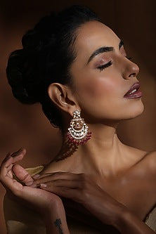 Rose Gold Finish Red Kundan Polki Handcrafted Chandbali Earrings