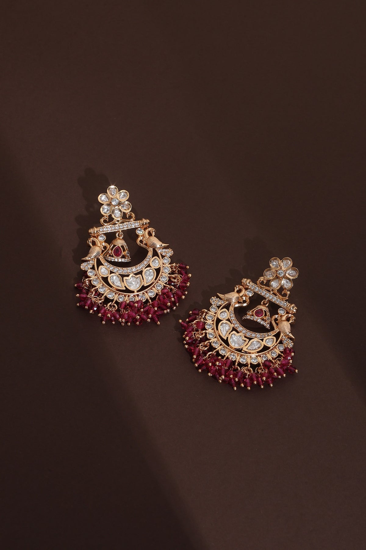 Rose Gold Finish Red Kundan Polki Handcrafted Chandbali Earrings