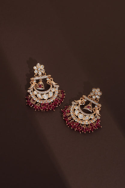 Rose Gold Finish Red Kundan Polki Handcrafted Chandbali Earrings