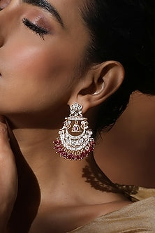 Rose Gold Finish Red Kundan Polki Handcrafted Chandbali Earrings