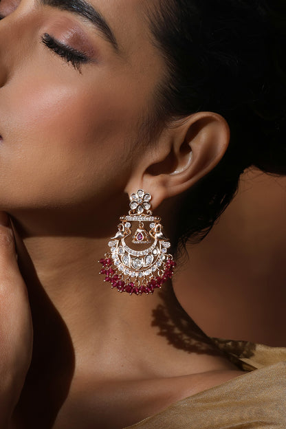 Rose Gold Finish Red Kundan Polki Handcrafted Chandbali Earrings