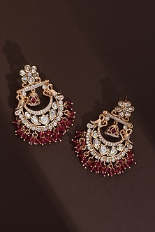 Rose Gold Finish Red Kundan Polki Handcrafted Chandbali Earrings