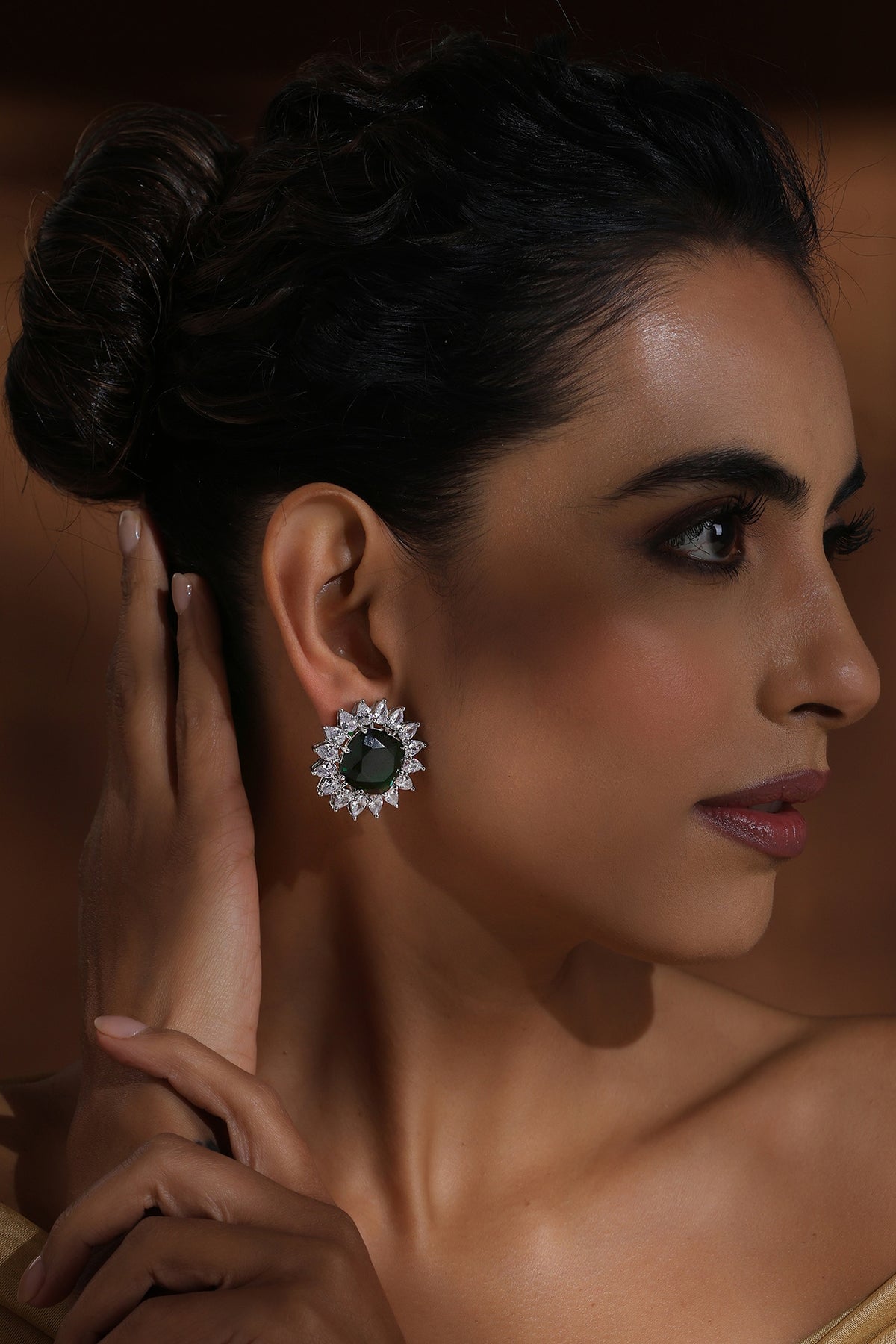 White Finish Zircon & Emerald Green Stone Handcrafted Stud Earrings