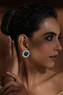 White Finish Zircon & Emerald Green Stone Handcrafted Stud Earrings