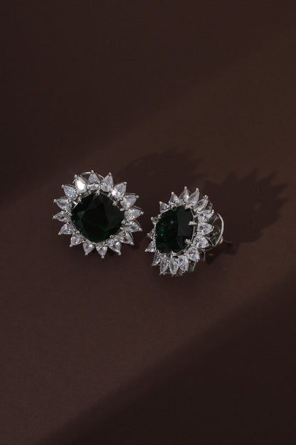 White Finish Zircon & Emerald Green Stone Handcrafted Stud Earrings