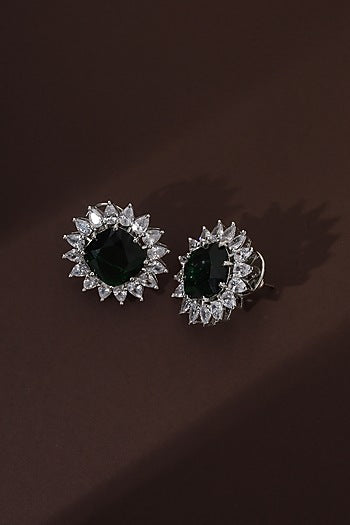 White Finish Zircon & Emerald Green Stone Handcrafted Stud Earrings