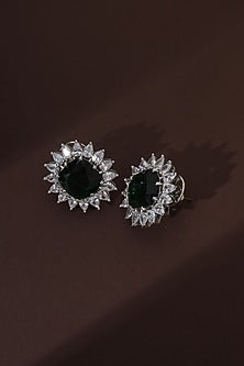 White Finish Zircon & Emerald Green Stone Handcrafted Stud Earrings