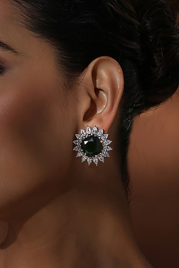 White Finish Zircon & Emerald Green Stone Handcrafted Stud Earrings