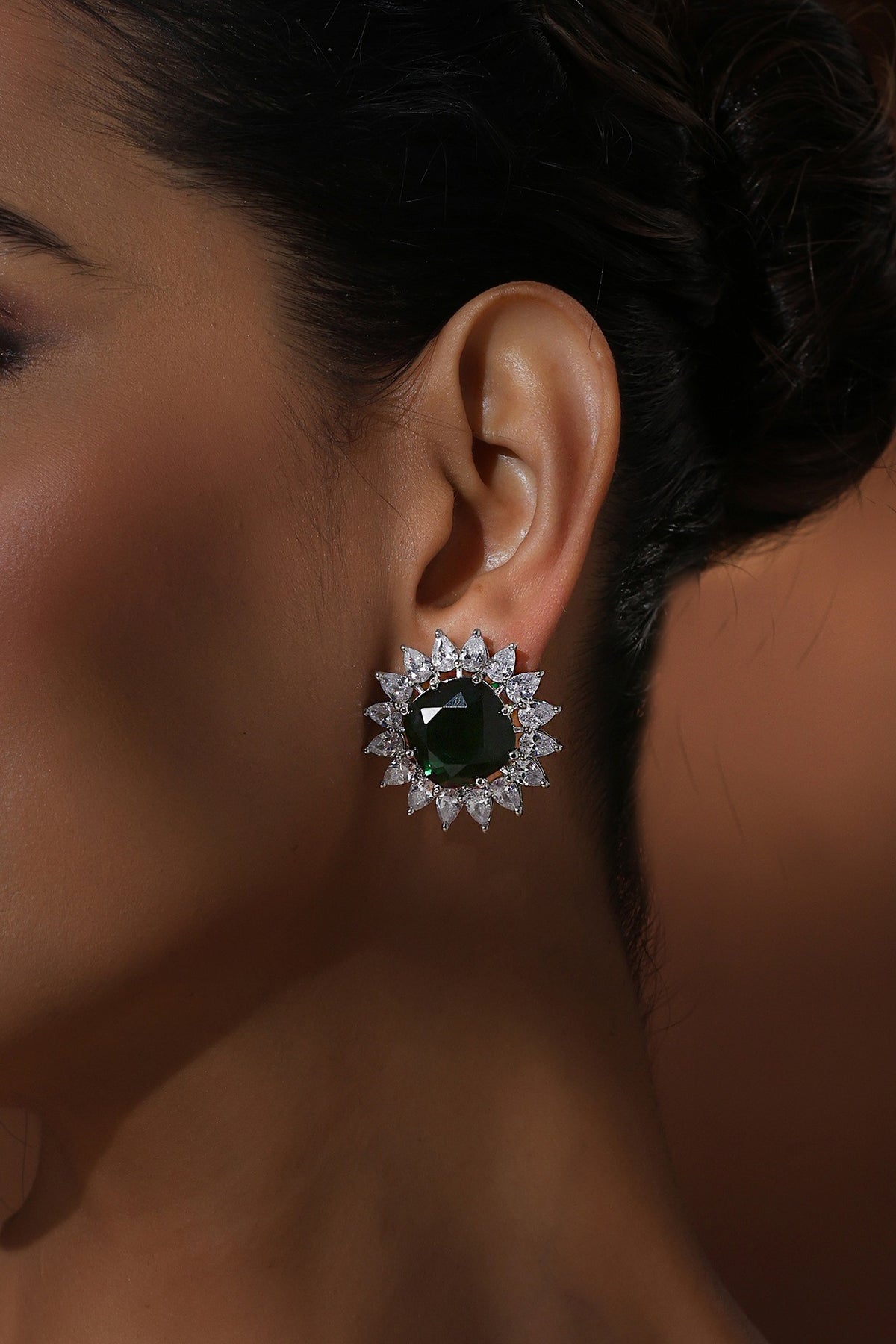 White Finish Zircon & Emerald Green Stone Handcrafted Stud Earrings