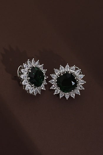White Finish Zircon & Emerald Green Stone Handcrafted Stud Earrings