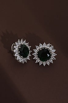 White Finish Zircon & Emerald Green Stone Handcrafted Stud Earrings