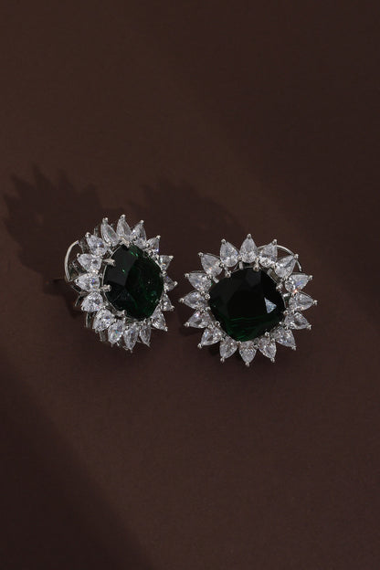 White Finish Zircon & Emerald Green Stone Handcrafted Stud Earrings