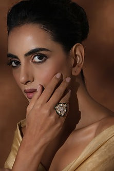 Rose Gold Finish Green Kundan Polki Handcrafted Ring