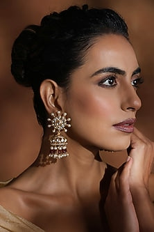Gold Finish Red Kundan Polki Jhumka Earrings
