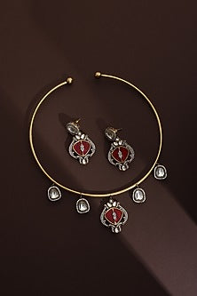 Gold Finish Red Kundan Polki Handcrafted Hasli Necklace Set