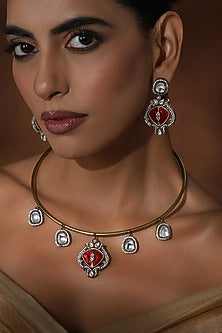 Gold Finish Red Kundan Polki Handcrafted Hasli Necklace Set