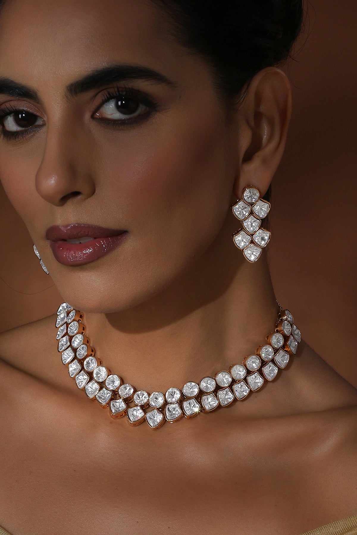 Rose Gold Finish Kundan Polki Choker Necklace Set