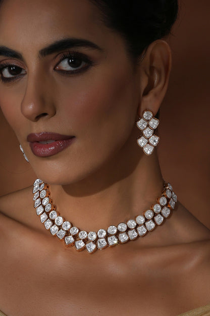 Rose Gold Finish Kundan Polki Choker Necklace Set