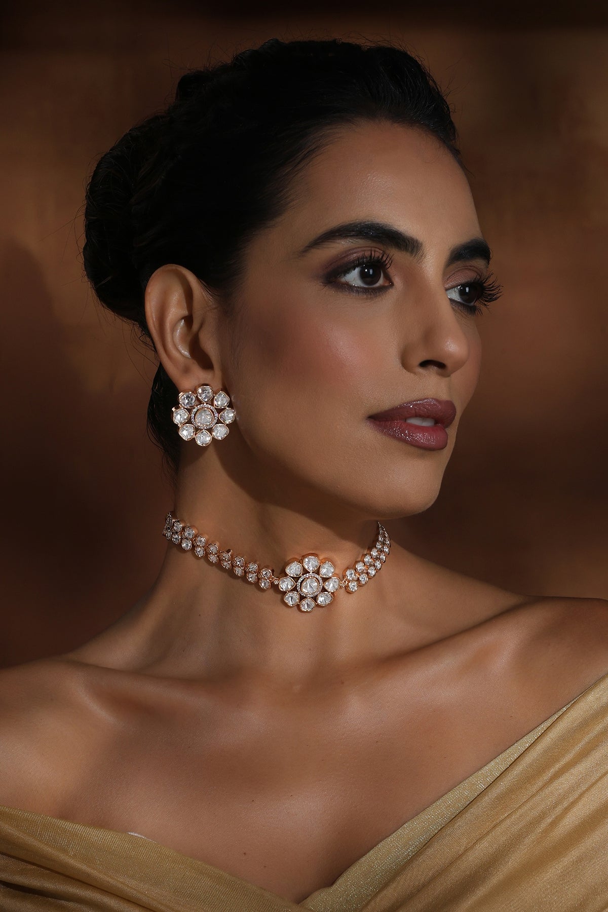 Rose Gold Finish Kundan Polki Choker Necklace Set