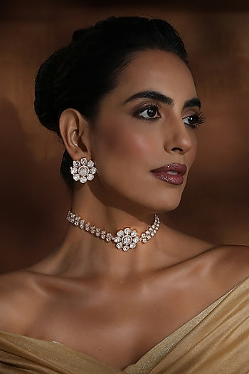 Rose Gold Finish Kundan Polki Choker Necklace Set