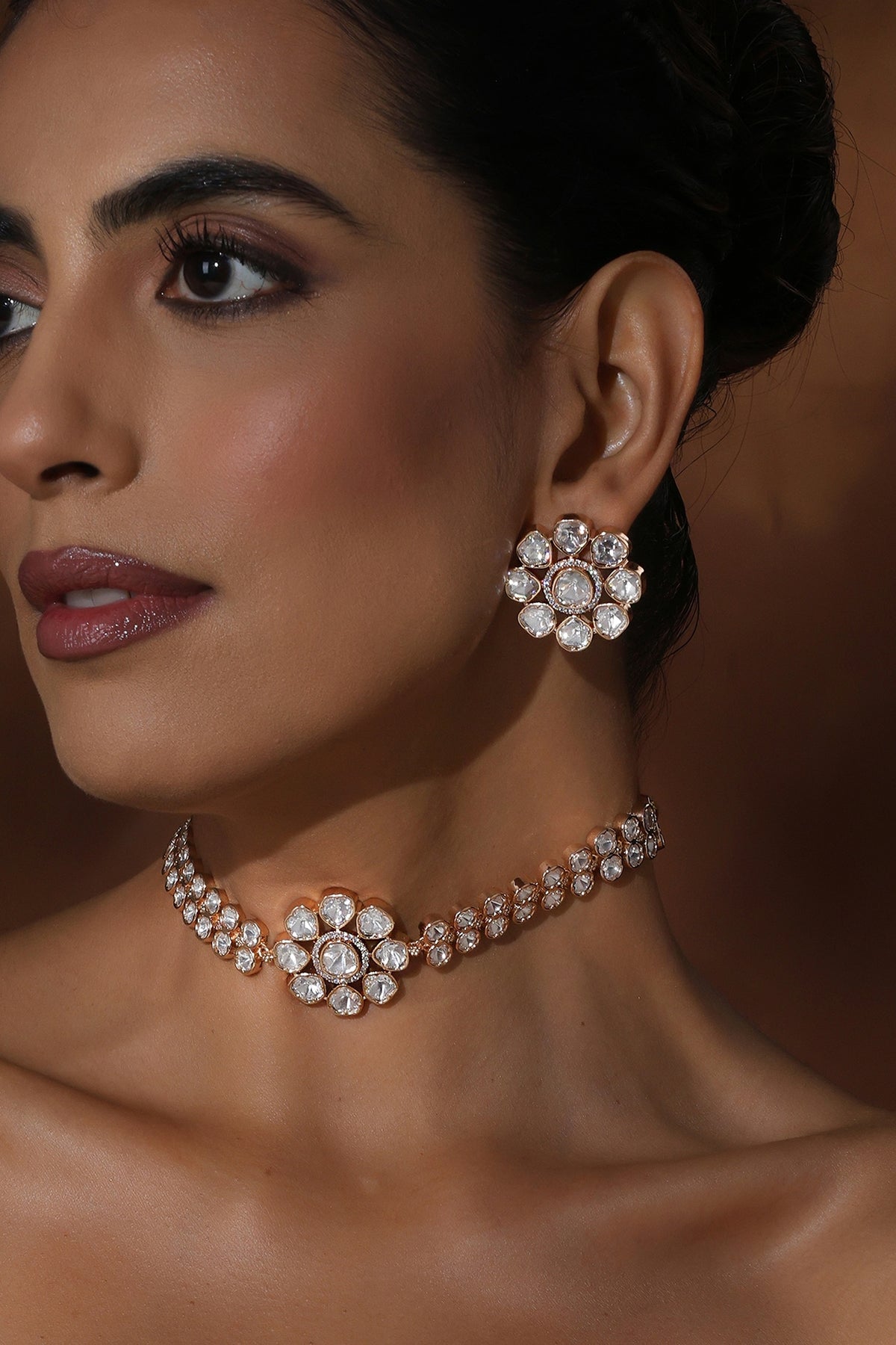 Rose Gold Finish Kundan Polki Choker Necklace Set