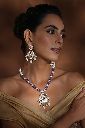 Rose Gold Finish Lavender Kundan Polki Long Pendant Necklace Set