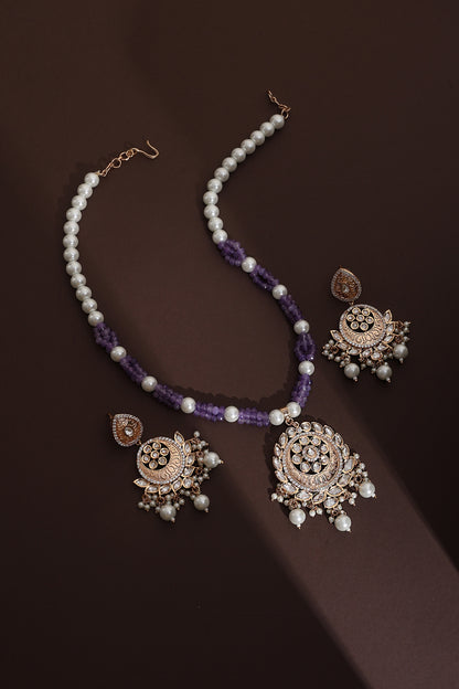 Rose Gold Finish Lavender Kundan Polki Long Pendant Necklace Set
