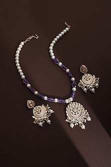 Rose Gold Finish Lavender Kundan Polki Long Pendant Necklace Set