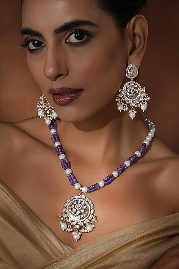 Rose Gold Finish Lavender Kundan Polki Long Pendant Necklace Set