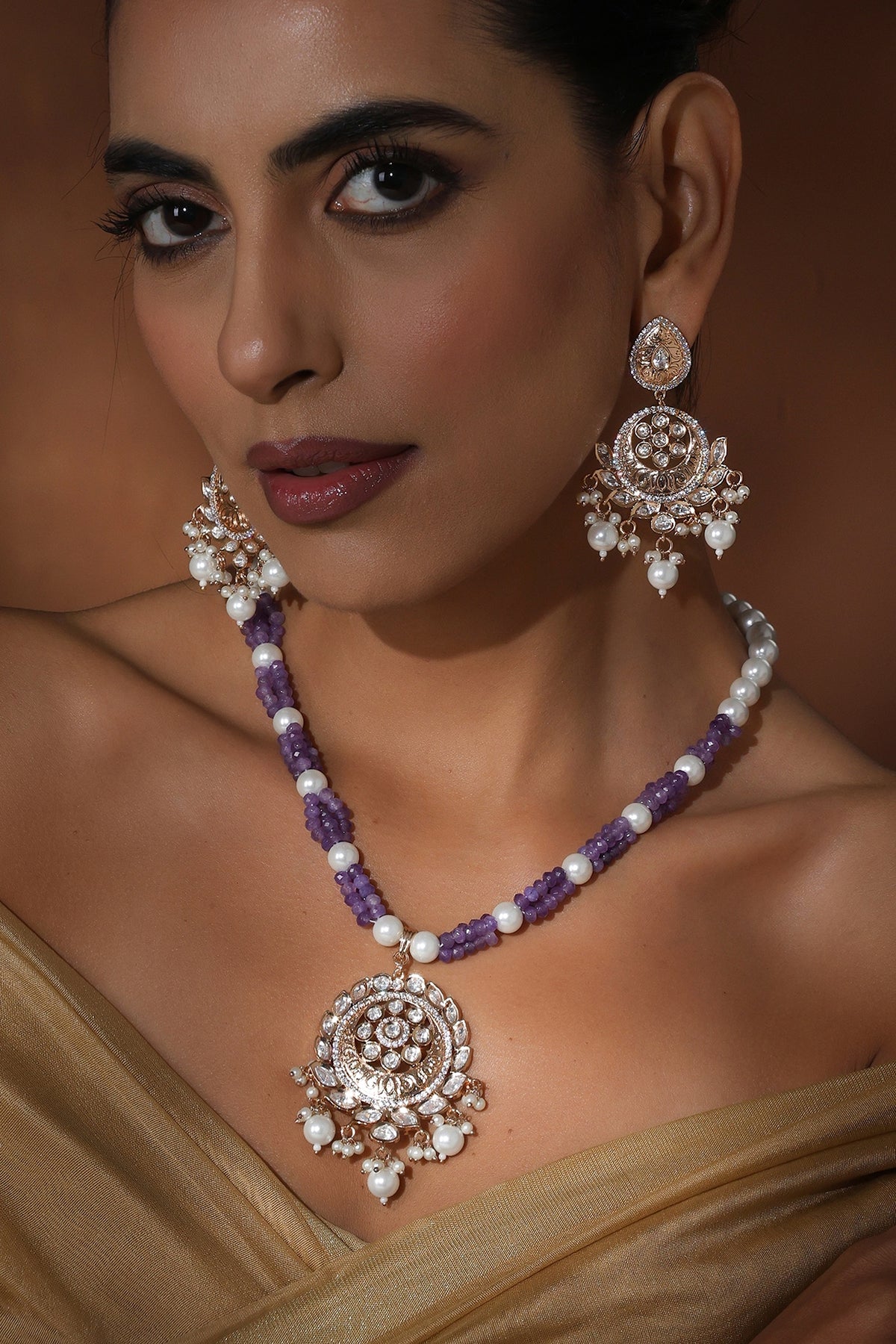 Rose Gold Finish Lavender Kundan Polki Long Pendant Necklace Set