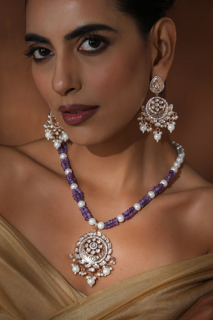 Rose Gold Finish Lavender Kundan Polki Long Pendant Necklace Set