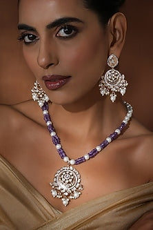 Rose Gold Finish Lavender Kundan Polki Long Pendant Necklace Set