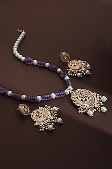 Rose Gold Finish Lavender Kundan Polki Long Pendant Necklace Set