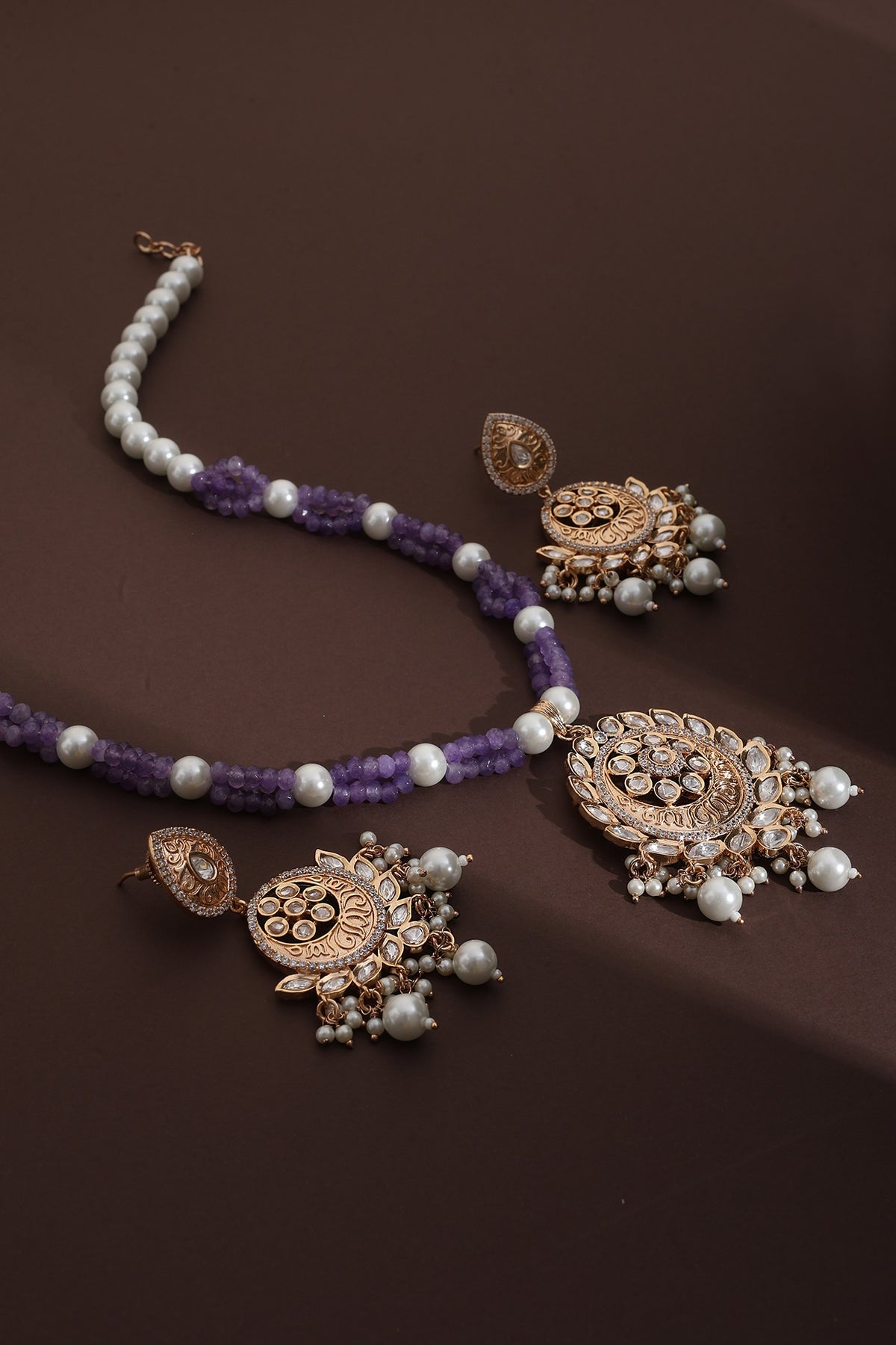 Rose Gold Finish Lavender Kundan Polki Long Pendant Necklace Set