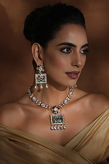 Rose Gold Finish Multi-Colored Kundan Polki Long Pendant Necklace Set