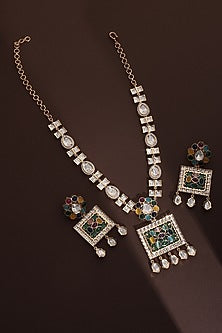 Rose Gold Finish Multi-Colored Kundan Polki Long Pendant Necklace Set