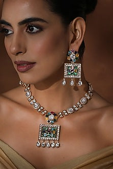 Rose Gold Finish Multi-Colored Kundan Polki Long Pendant Necklace Set