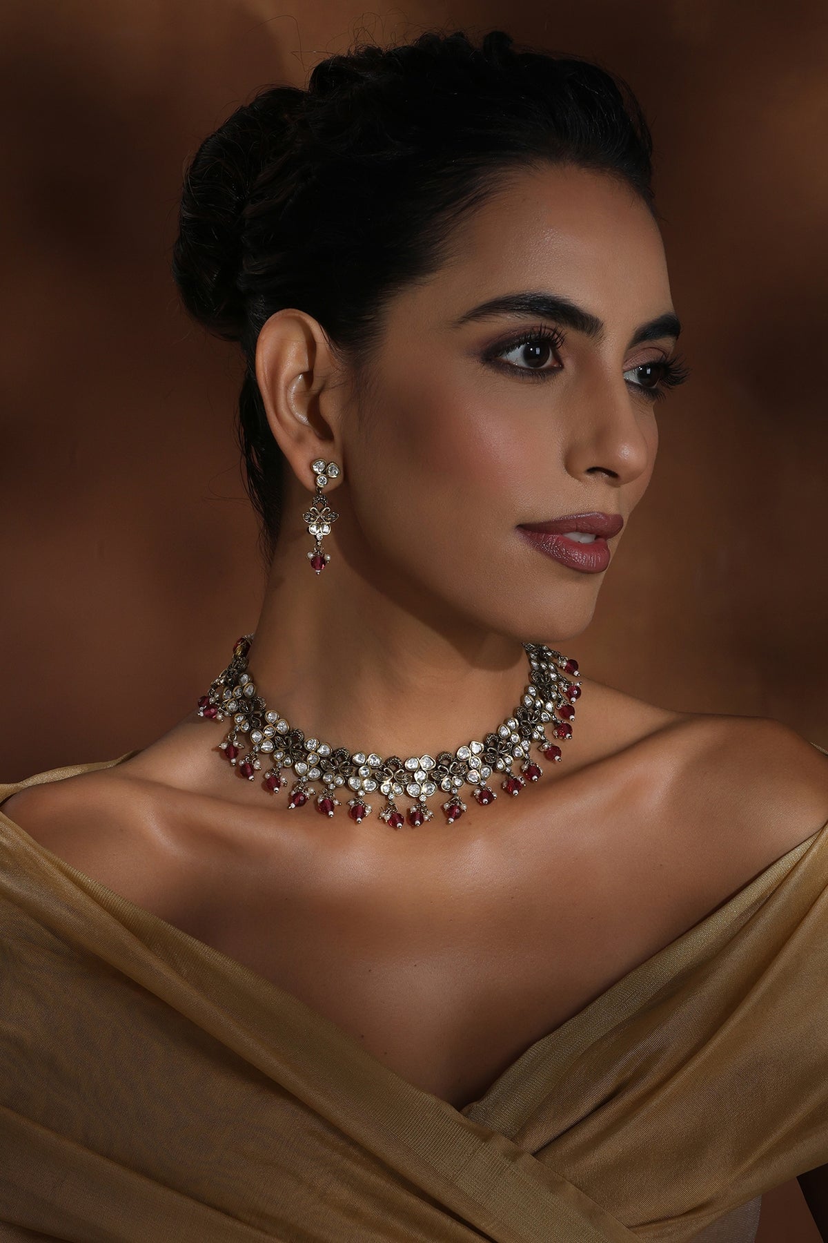 Rose Gold Finish Red Kundan Polki Necklace Set