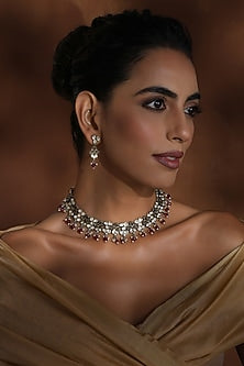 Rose Gold Finish Red Kundan Polki Necklace Set