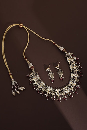 Rose Gold Finish Red Kundan Polki Necklace Set