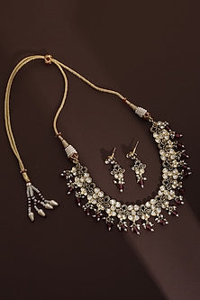 Rose Gold Finish Red Kundan Polki Necklace Set