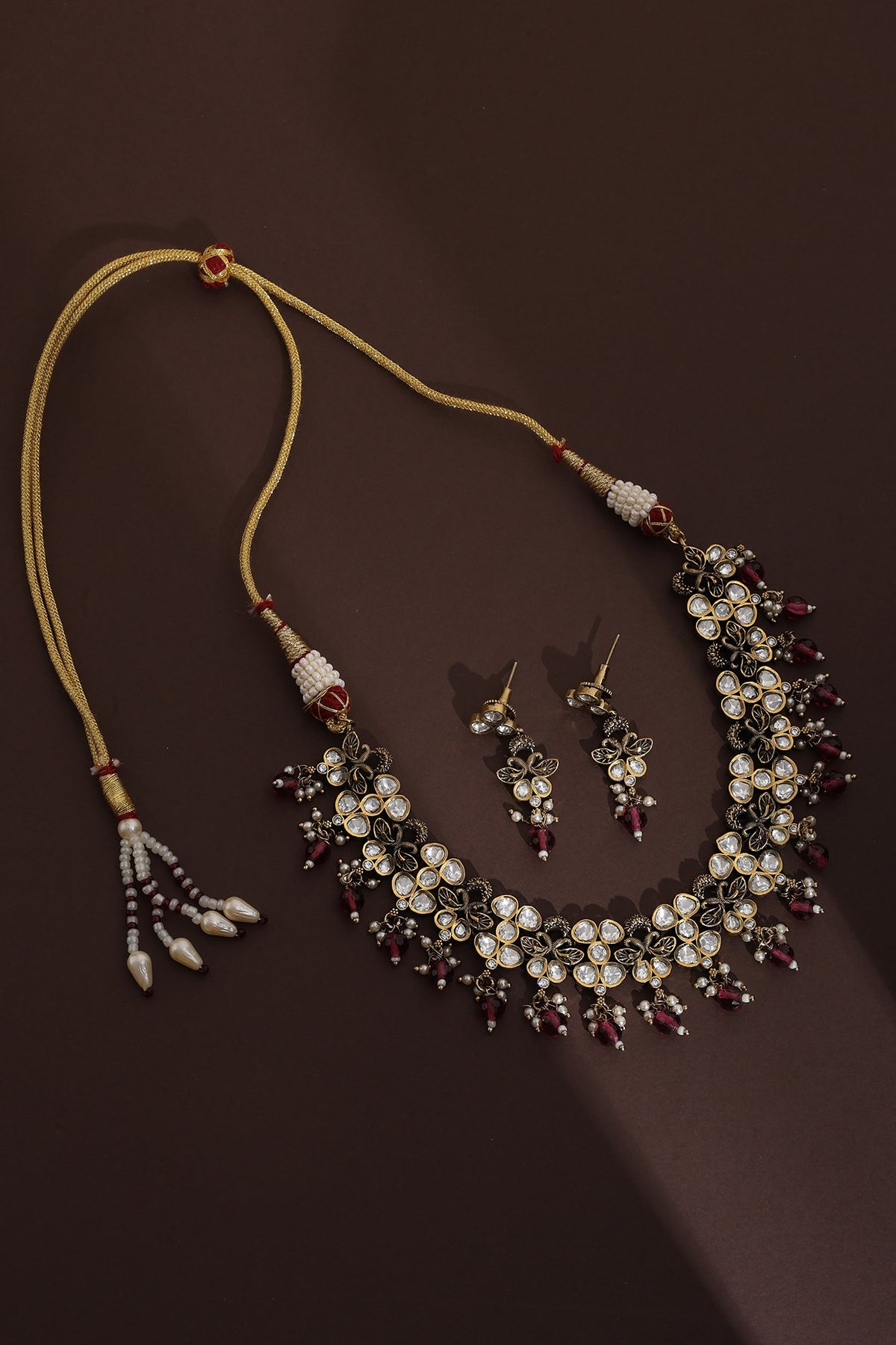 Rose Gold Finish Red Kundan Polki Necklace Set