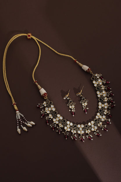 Rose Gold Finish Red Kundan Polki Necklace Set