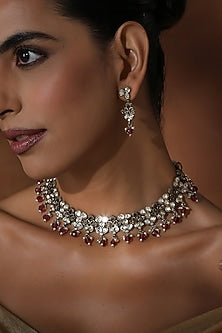 Rose Gold Finish Red Kundan Polki Necklace Set