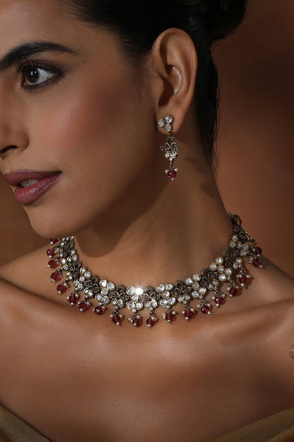 Rose Gold Finish Red Kundan Polki Necklace Set