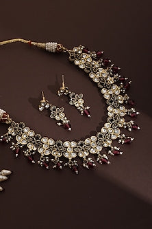 Rose Gold Finish Red Kundan Polki Necklace Set